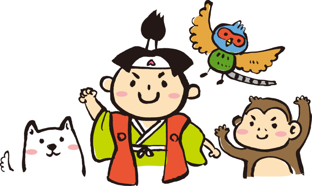 桃太郎と犬、雉、猿のイラスト