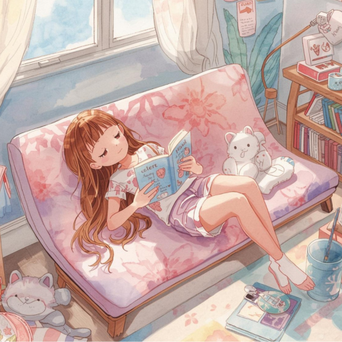 寝っ転がって、本を読んでいる少女のイラスト