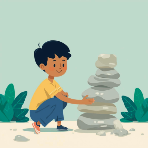 石を積み上げる少年のイラスト