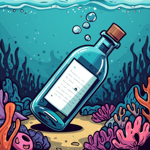 深海の奥底に沈むメッセージボトルのイラスト